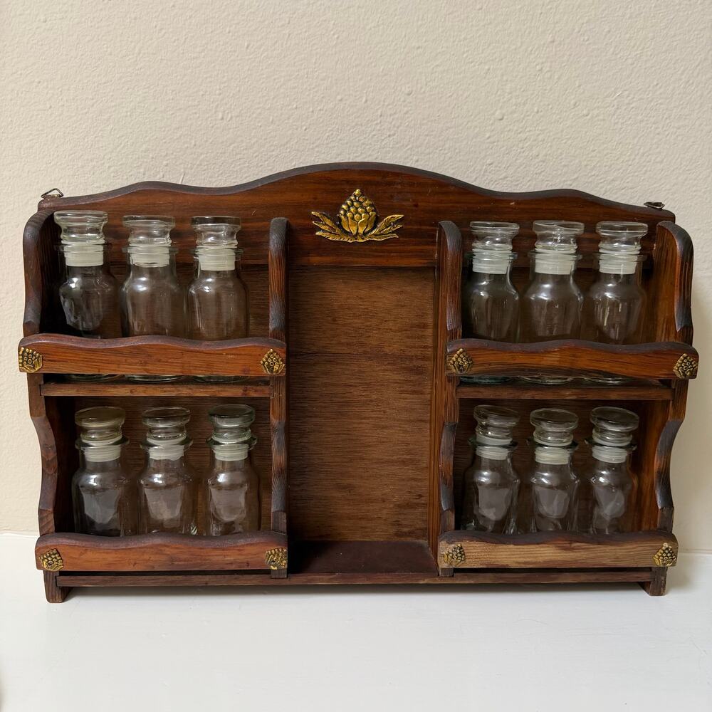 Vintage Mid-Century Wooden Apothecary Spice Rack Wall Mount with Glass Bottles